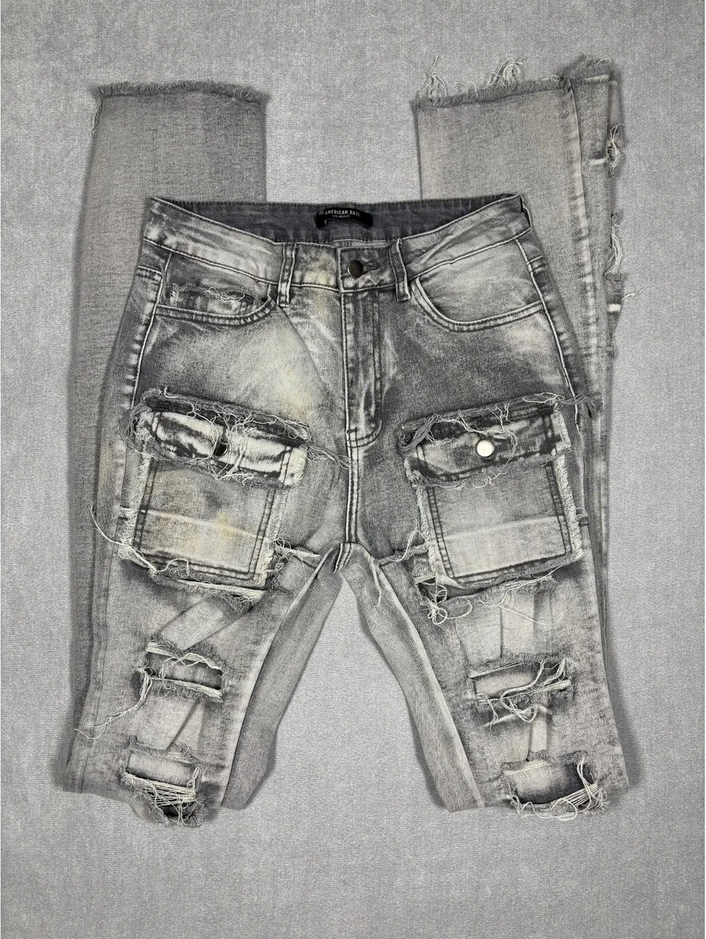 American Bazi Los Angeles Stacked Gray Acid Wash Distressed Cargo Jeans Size M